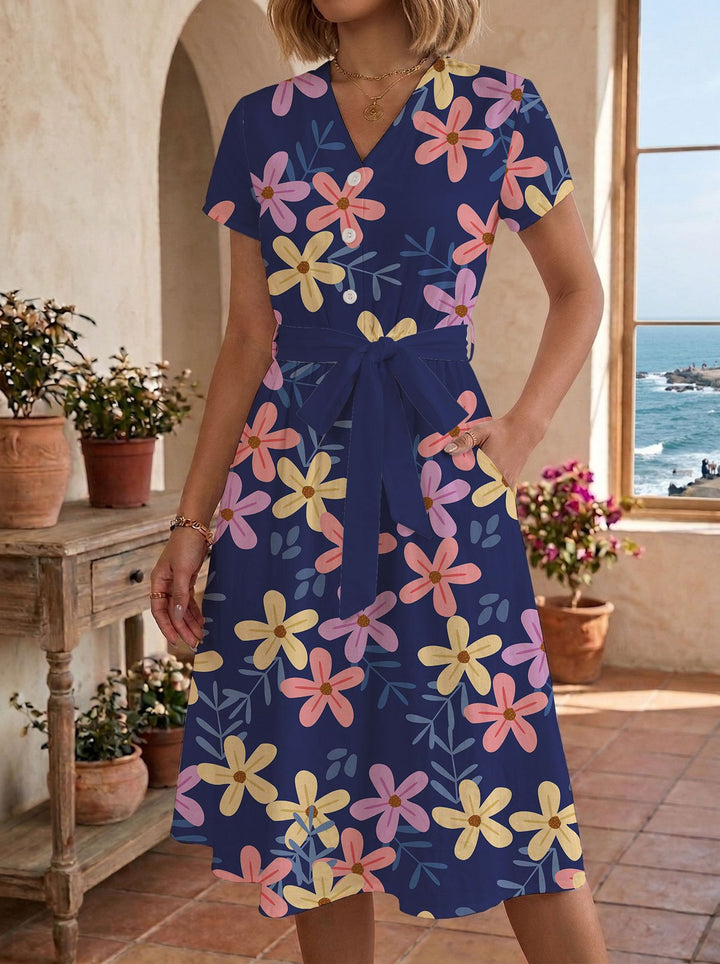 Damen lässiges Maxikleid mit taillierbarem Knoten und dekorativem Karomuster Drune