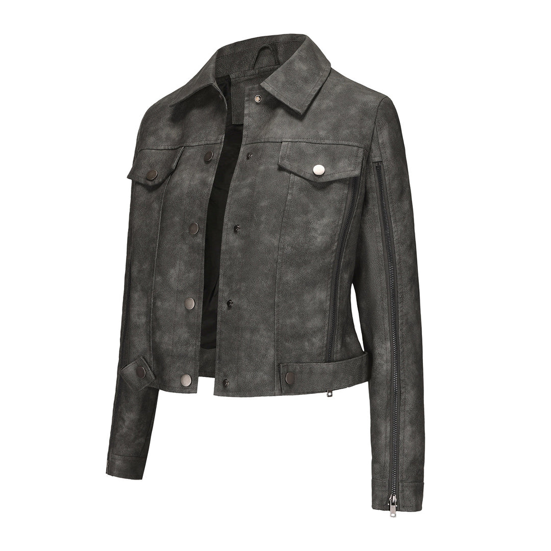 Damen modische Shortjacke aus Kunstleder mit Reißverschlussdetails Drune