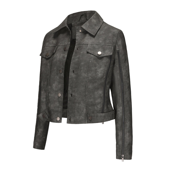 Damen modische Shortjacke aus Kunstleder mit Reißverschlussdetails Drune