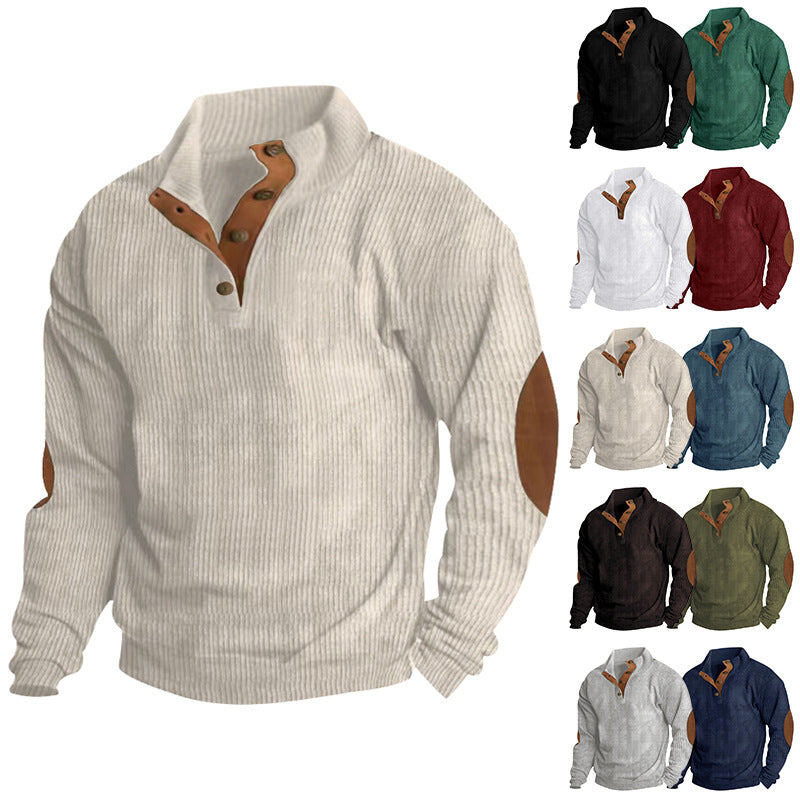 Herren nan lässiger Strukturpullover mit Polokragen, kurzer Knopfleiste und veganen Lederbesätzen Drune