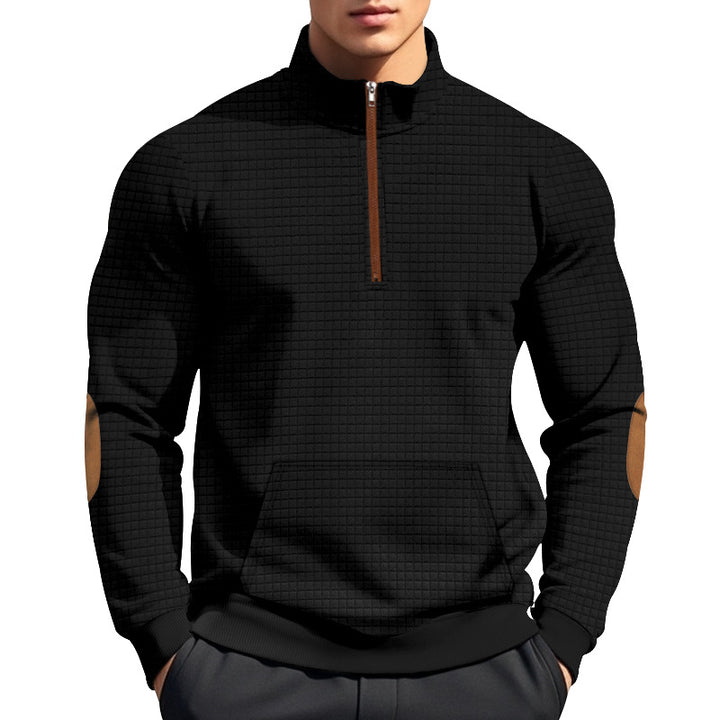 Herren nan gestepptes Halfzip-Sweatshirt mit Stehkragen, Kängurutasche und Kunstleder-Ellenbogenpatches Drune