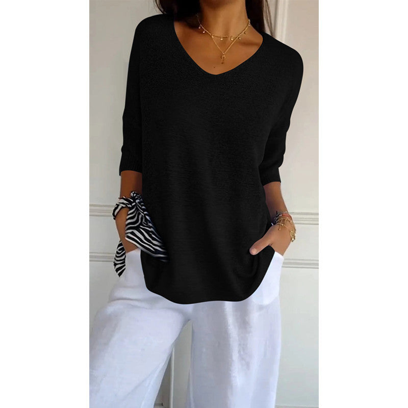Damen nan locker sitzender V-Ausschnitt Feinstrickpullover mit dreiviertelÄrmeln Drune