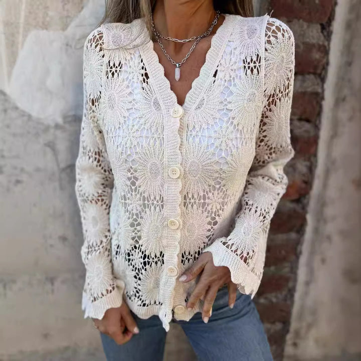 Damen Häkeljacke mit floralen Mustern und Knopfverschluss Drune