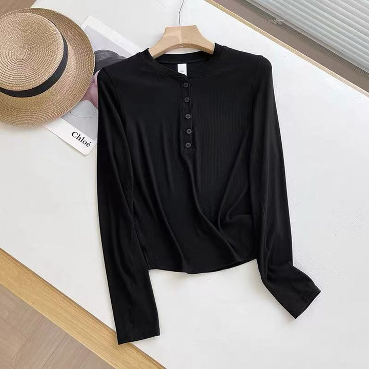 Damen Langarm-Henley-Shirt aus weichem Baumwollmix mit modischen Knopfdetails Drune