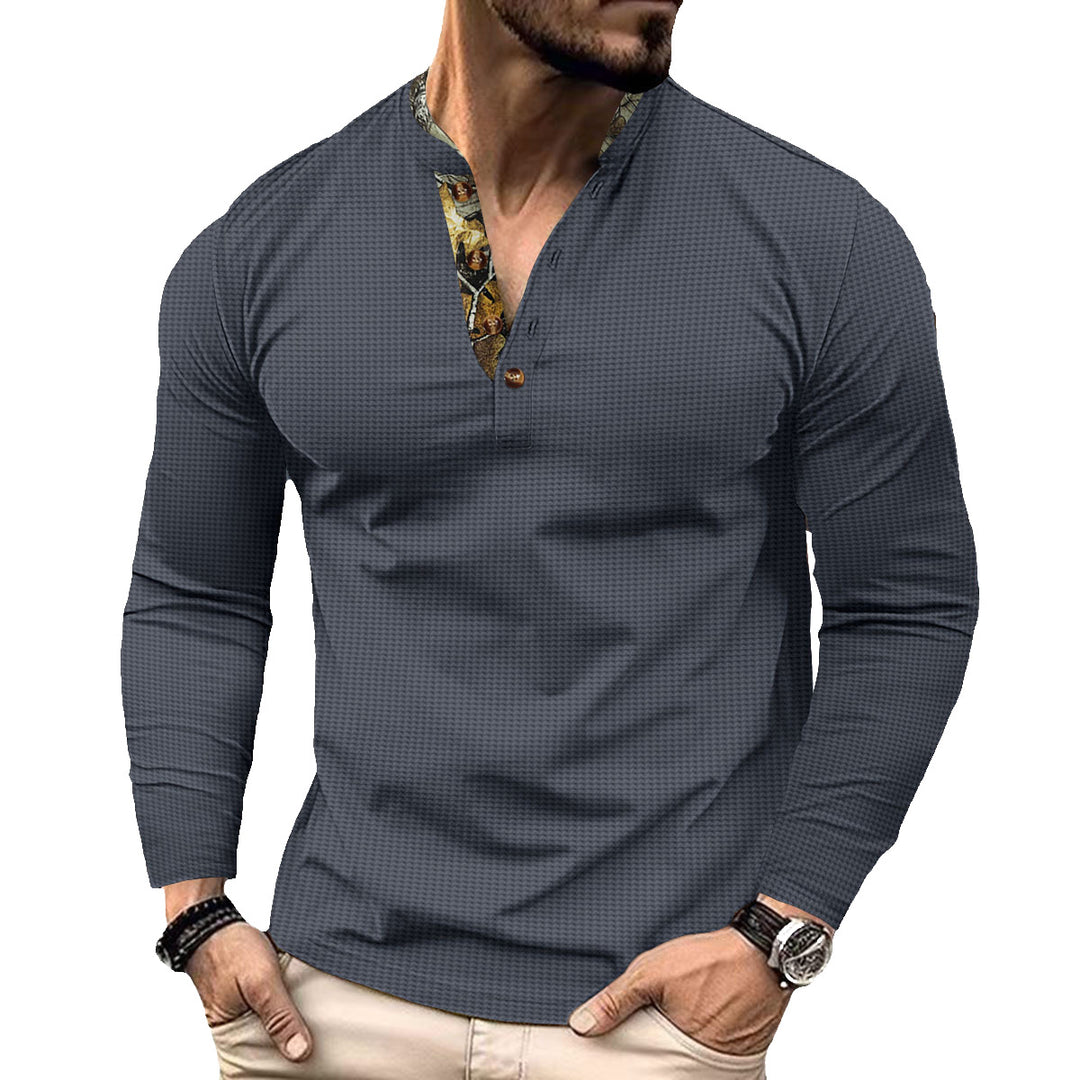 Herren nan langärmeliges Henley-Shirt mit Stehkragen und gemustertem Knopfleistenbesatz Drune