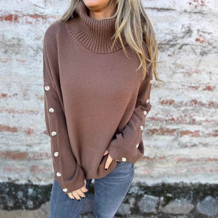 Damen Pullover mit Rollkragen und dekorativen Knopfdetails Drune