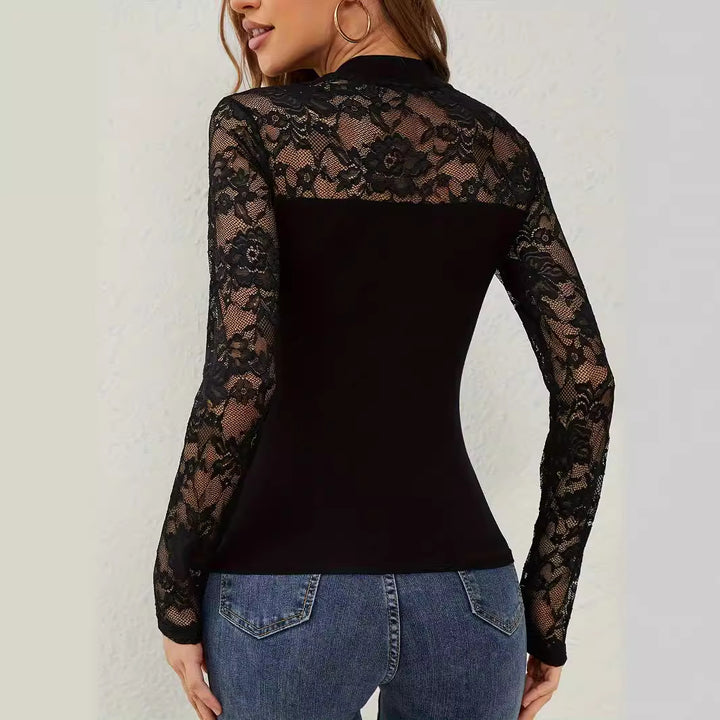 Damen nan tailliertes Spitzen-Langarmshirt mit blickdichtem Bustier-Einsatz und Stehkragen Drune