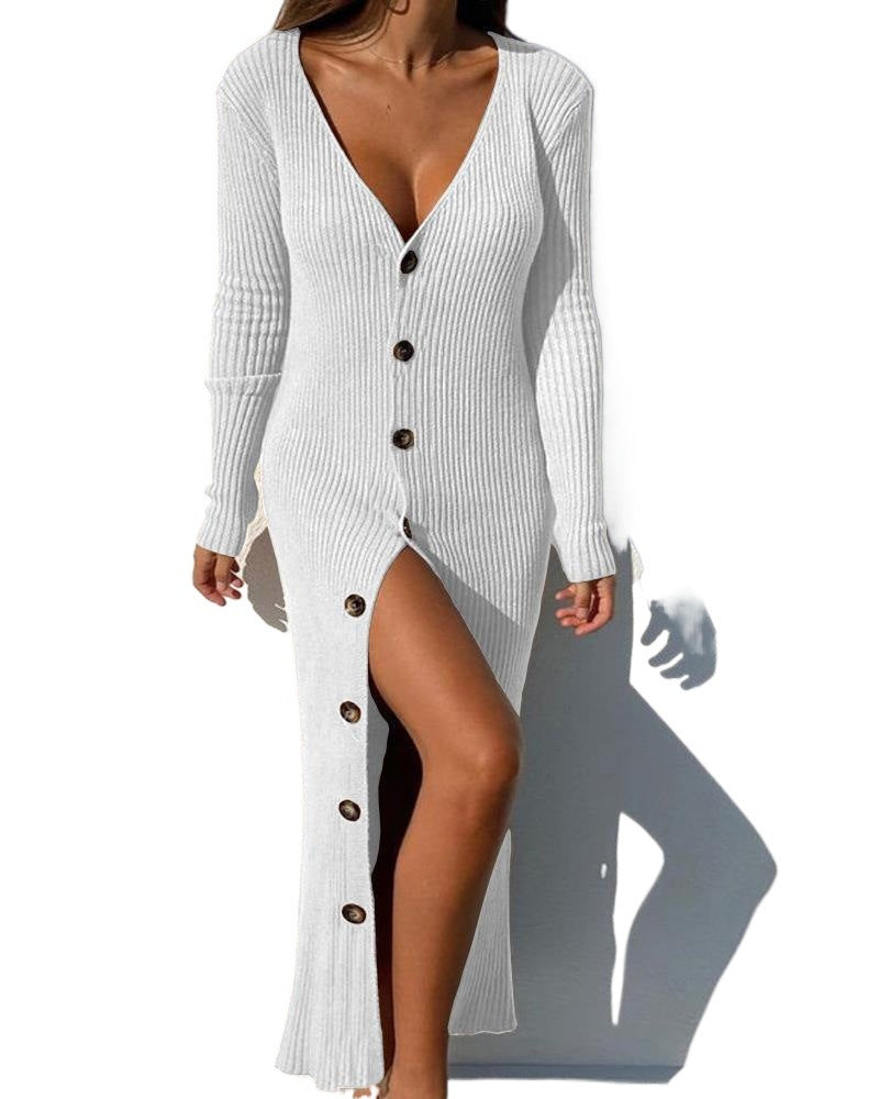 Damen Langarm Kleid mit durchgehender Knopfleiste und seitlichem Schlitz Drune