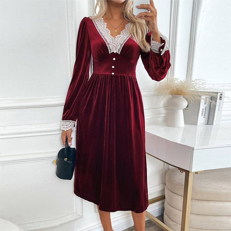 Damen elegantes Samtkleid mit Spitzenapplikationen und Knopfdetails Drune