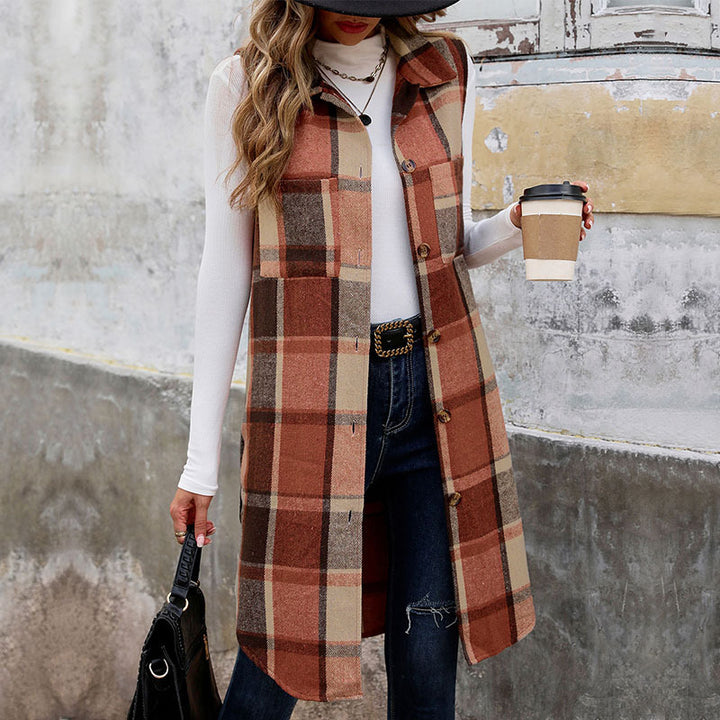 Damen Langarm-Weste mit Karo-Muster und praktischen Taschen Drune