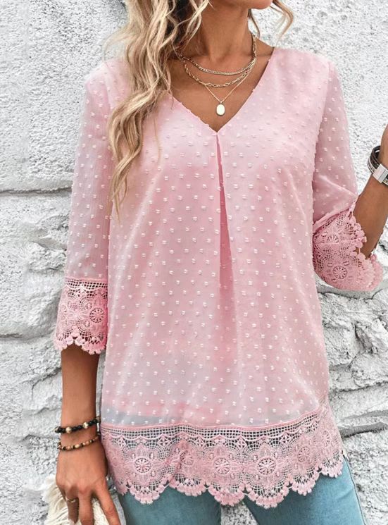 Damen Bluse mit ästhetischen Spitzendetails und Puffärmeln Drune