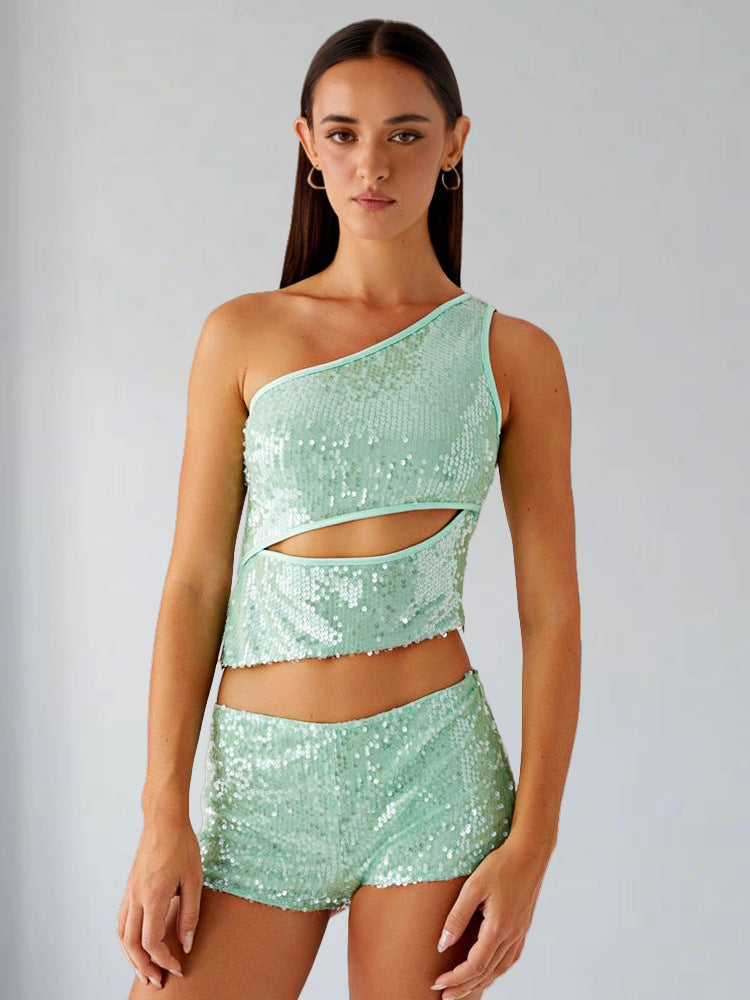 Damen Glitzernder Top und Shorts Set Drune
