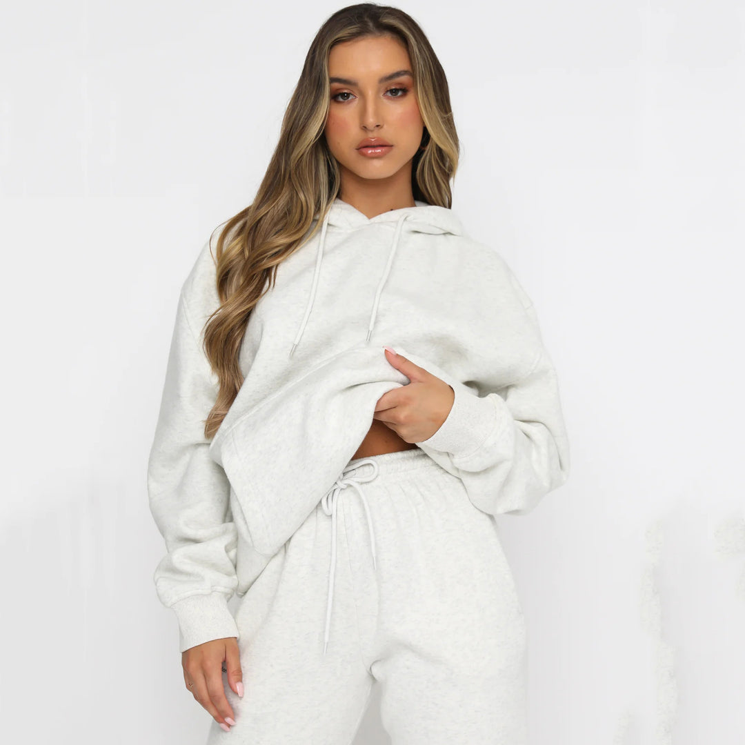 Damen nan Cropped Kapuzenjacke und High-Waist Jogginghose Set aus French Terry mit elastischem Bund Drune
