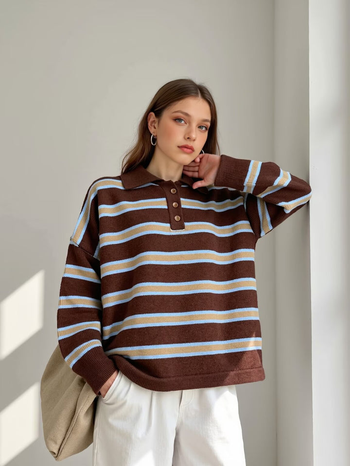 Damen modischer Polo-Pullover mit gestreiftem Design und Knopfleiste Drune
