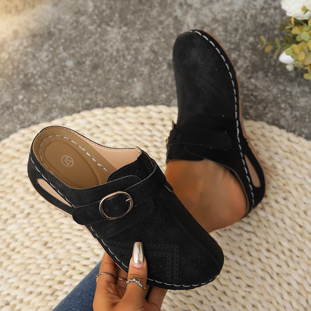 Damen geschlossene Clogs mit dekorativen Lochmustern und eleganter Schnalle Drune