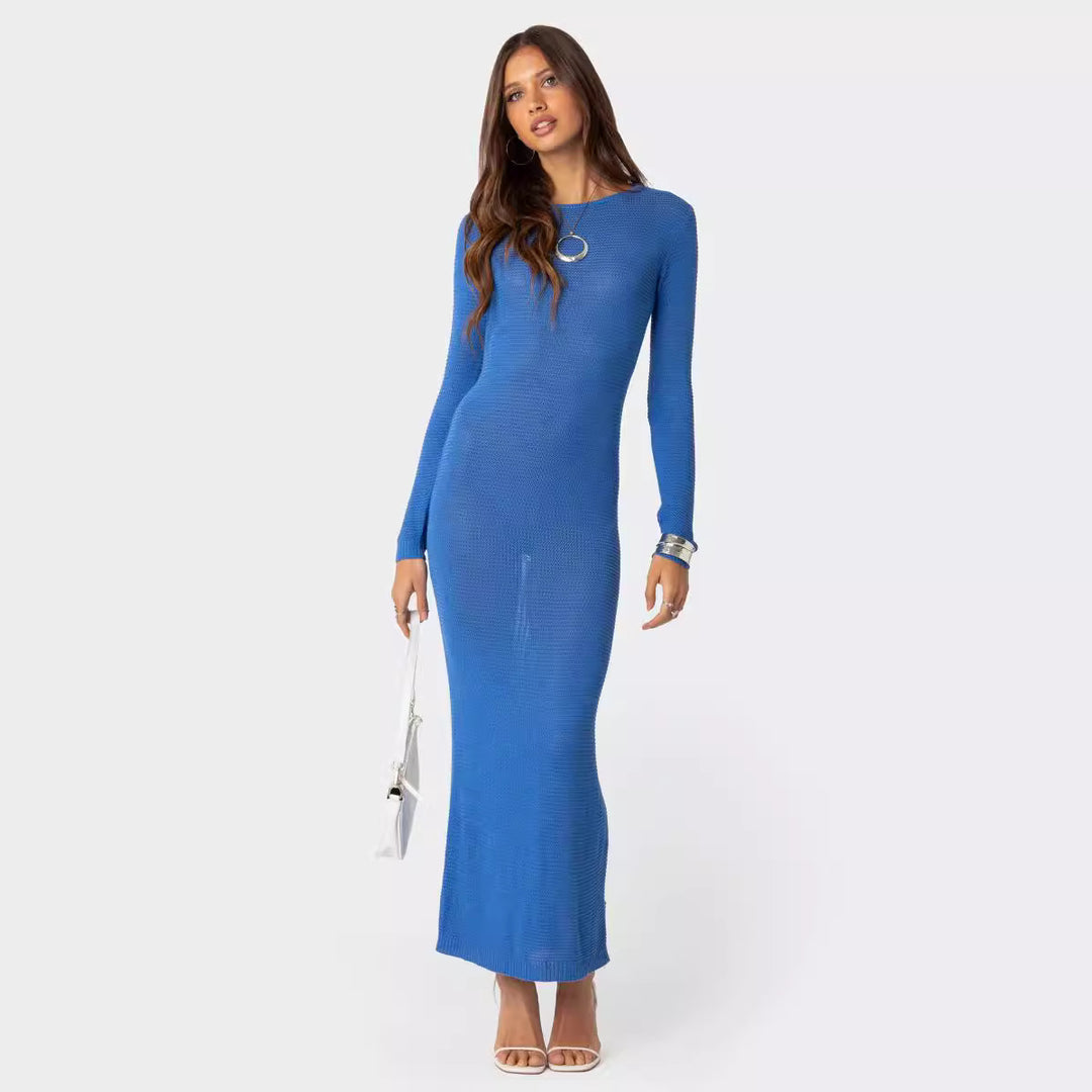 Damen elegantes Strick-Maxikleid mit Schnittdetails und stilvollem Ärmel Drune