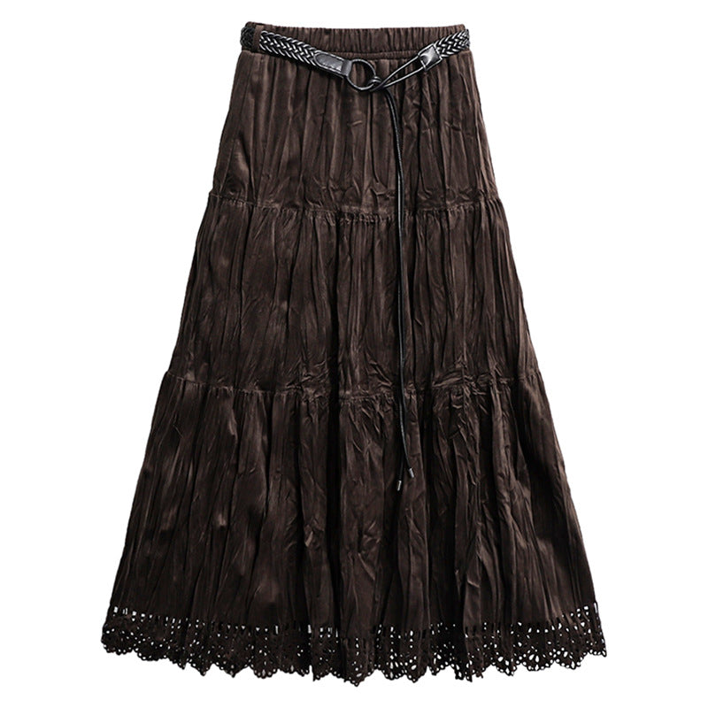 Damen nan gestufter Maxirock mit Crinkle‑Textur, elastischem Komfortbund, zarter Lochspitzen‑Saumkante und geflochtenem Taillengürtel Drune
