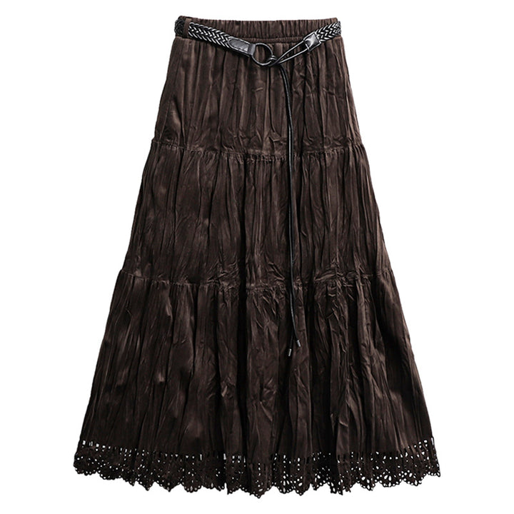 Damen nan gestufter Maxirock mit Crinkle‑Textur, elastischem Komfortbund, zarter Lochspitzen‑Saumkante und geflochtenem Taillengürtel Drune