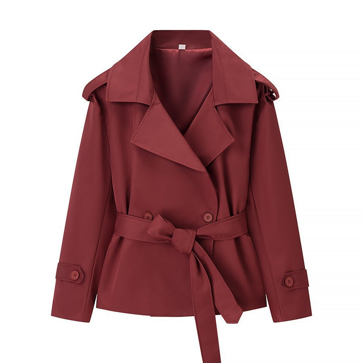 Damen nan kurzer taillierter Trenchcoat mit Bindegürtel, großem Revers und Manschettenriegel Drune
