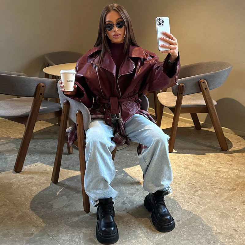Damen oversized Lederjacke mit Bindegurt Drune