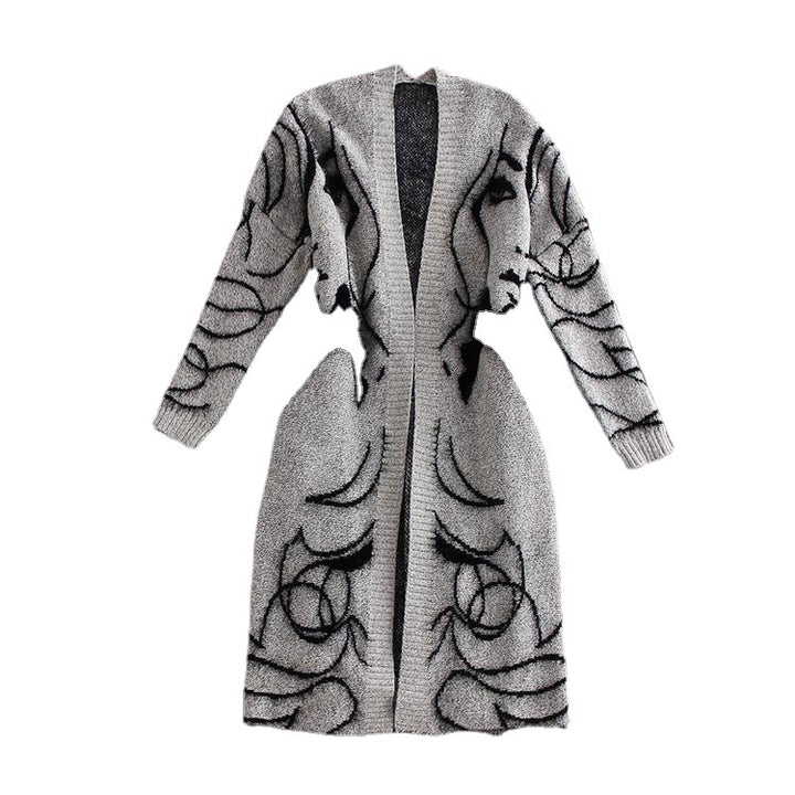 Damen Strickjacke mit kreativem Motiv und offenem Frontdesign Drune