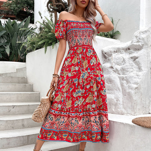 Damen Off-Shoulder Maxikleid mit floralen Mustern und elastischem Taillenzug Drune