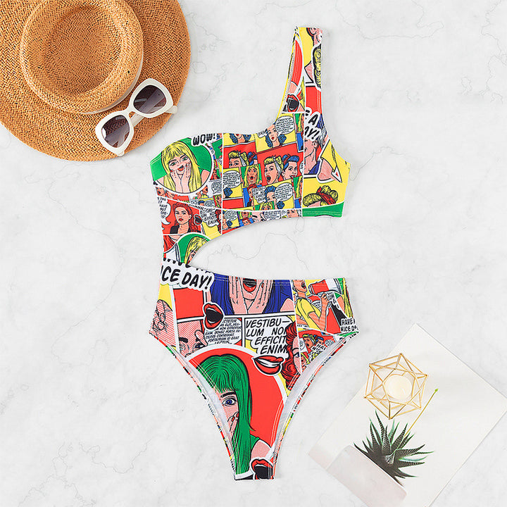 Damen Cut-Out Badeanzug mit asymmetrischem Design und comic-inspiriertem Muster Drune