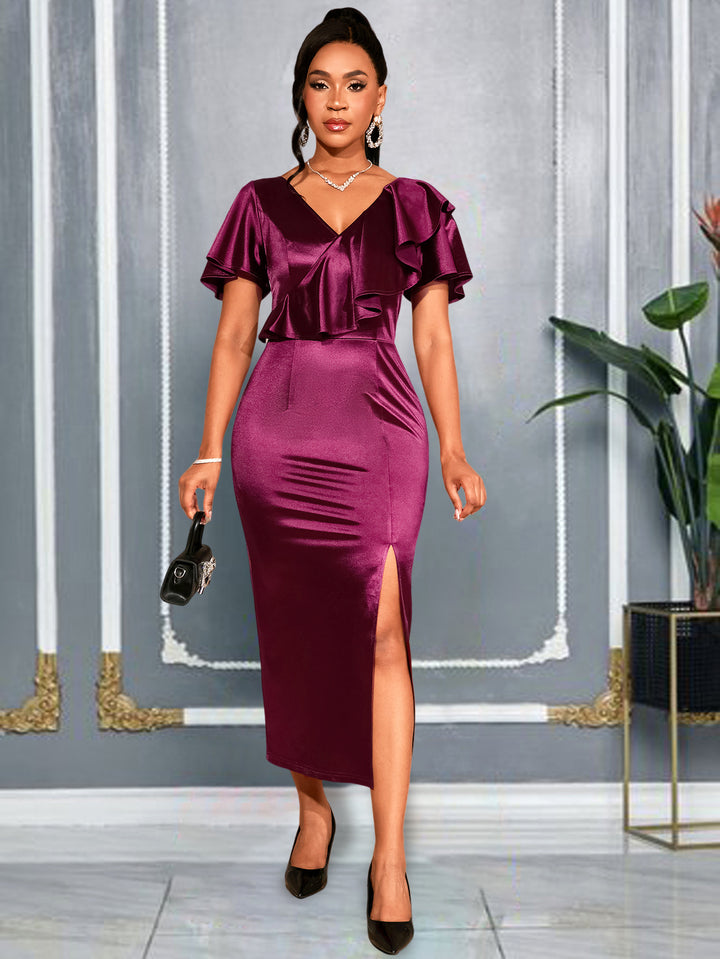 Damen Schickes Maxikleid mit Rüschendetails und Schlitz Drune