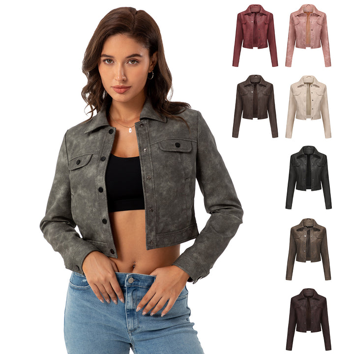 Damen modische kurz geschnittene Lederjacke Drune