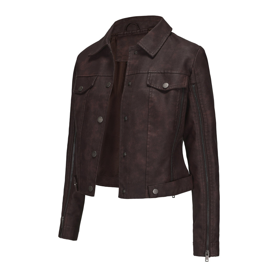 Damen modische Shortjacke aus Kunstleder mit Reißverschlussdetails Drune
