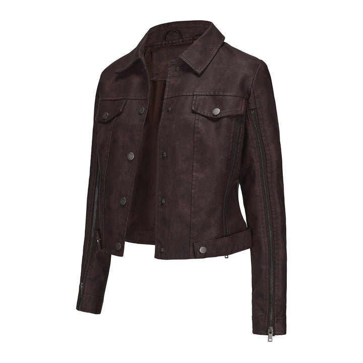 Damen modische Shortjacke aus Kunstleder mit Reißverschlussdetails Drune