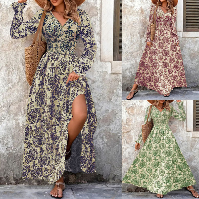 Damen Langes Maxikleid mit floralem Jacquard-Muster und voluminösen Ärmeln Drune