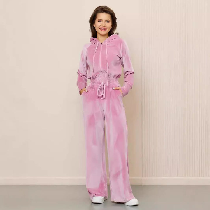 Damen luxuriöser Velours-Hoodie und weite Hose Set Drune