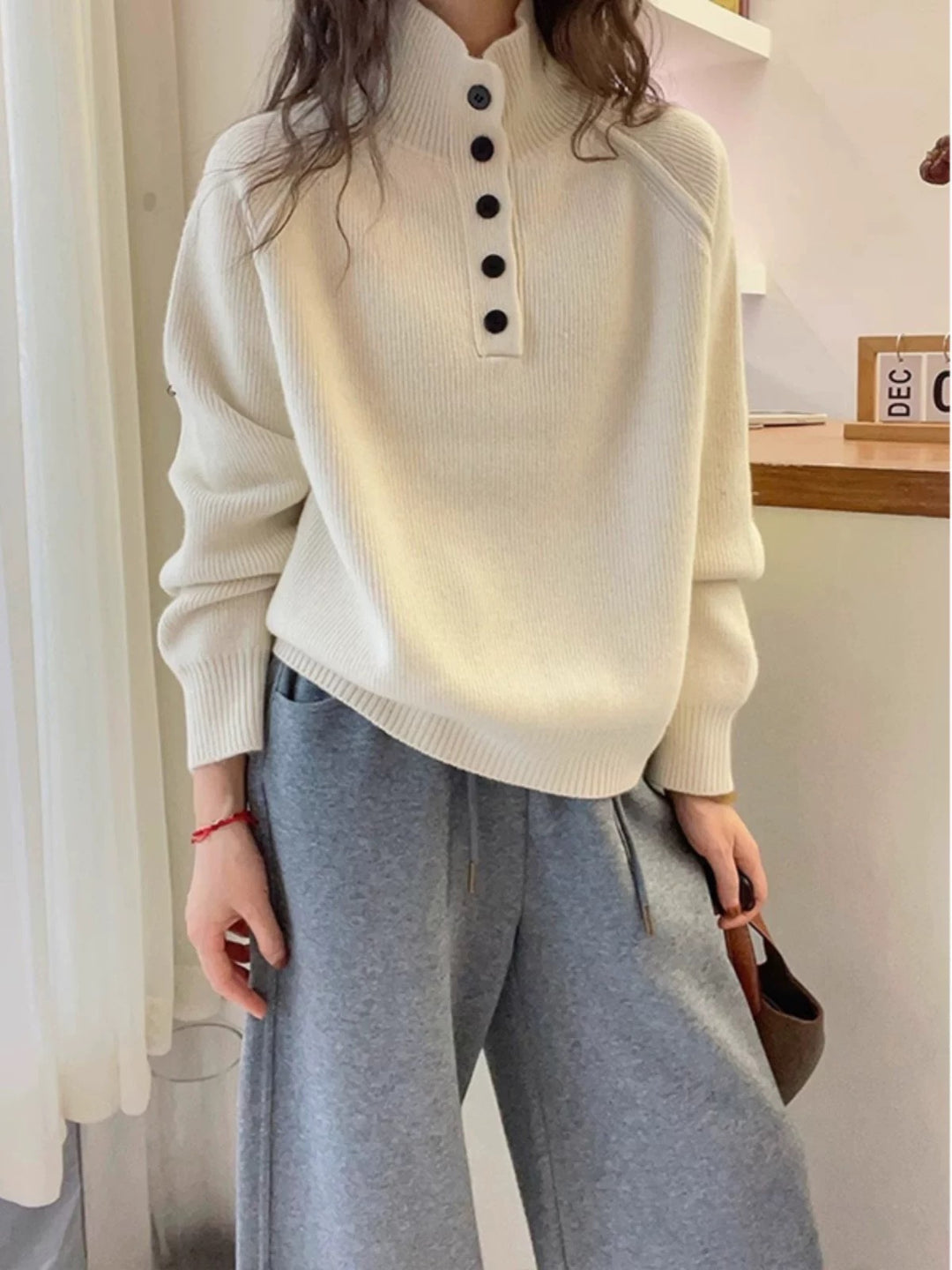 Damen Komfortabler Strickpullover mit Knopfleiste Drune