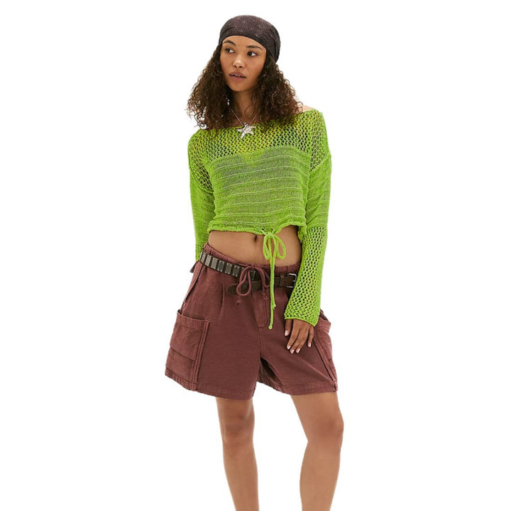 Damen Kreatives Netzpullover mit verspieltem Kordelzug Drune