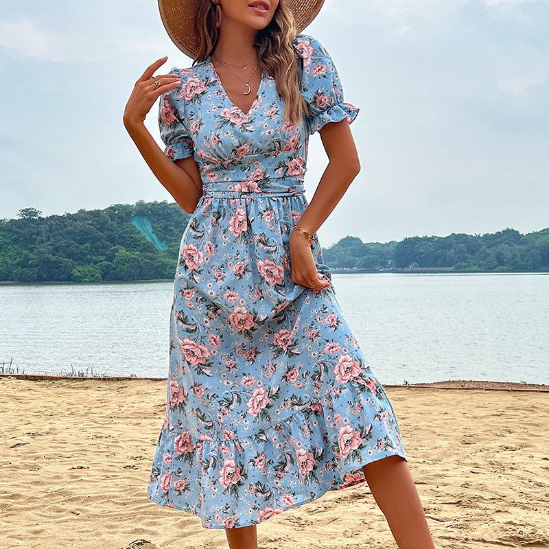 Damen florales Midikleid mit Rüschendetails und Taillierung Drune