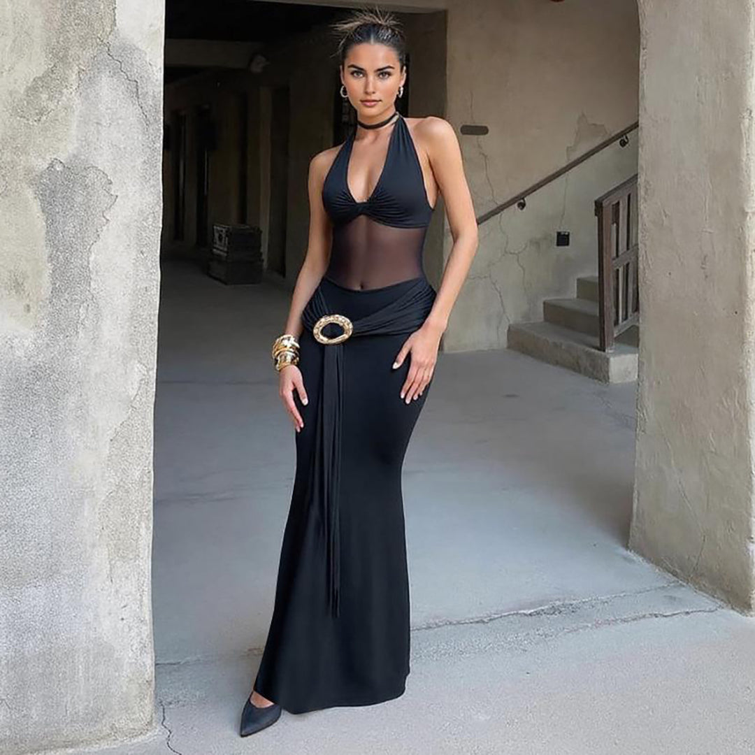 Damen Maxikleid mit durchscheinendem Oberteil und dekorativem Gürtel Drune