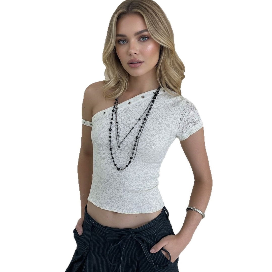 Damen elegantes Oberteil aus zarter Spitze mit kurzem Ärmel und aufregendem Design Drune