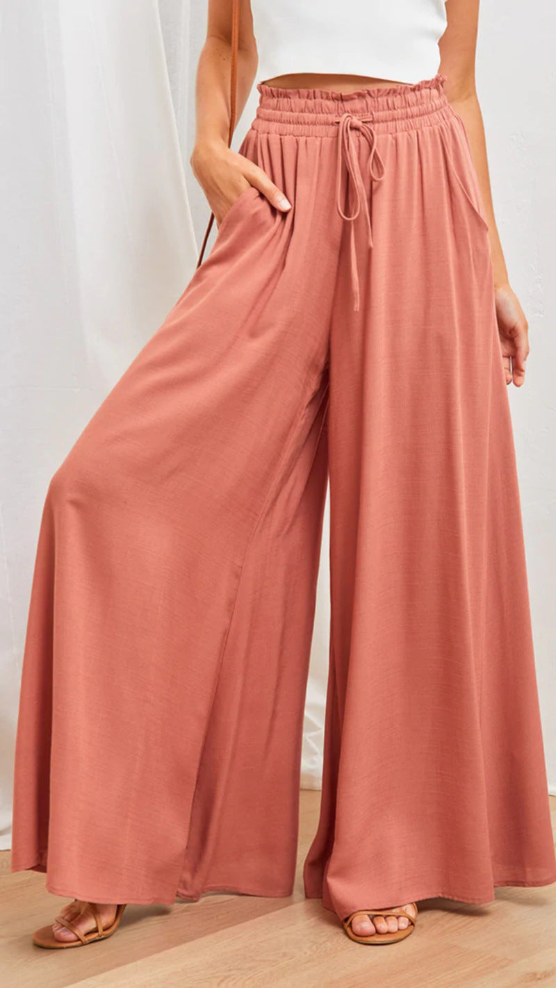 Damen lässige, weite Palazzo-Hosen mit elastischem Taillenbund und Kordelzug Drune