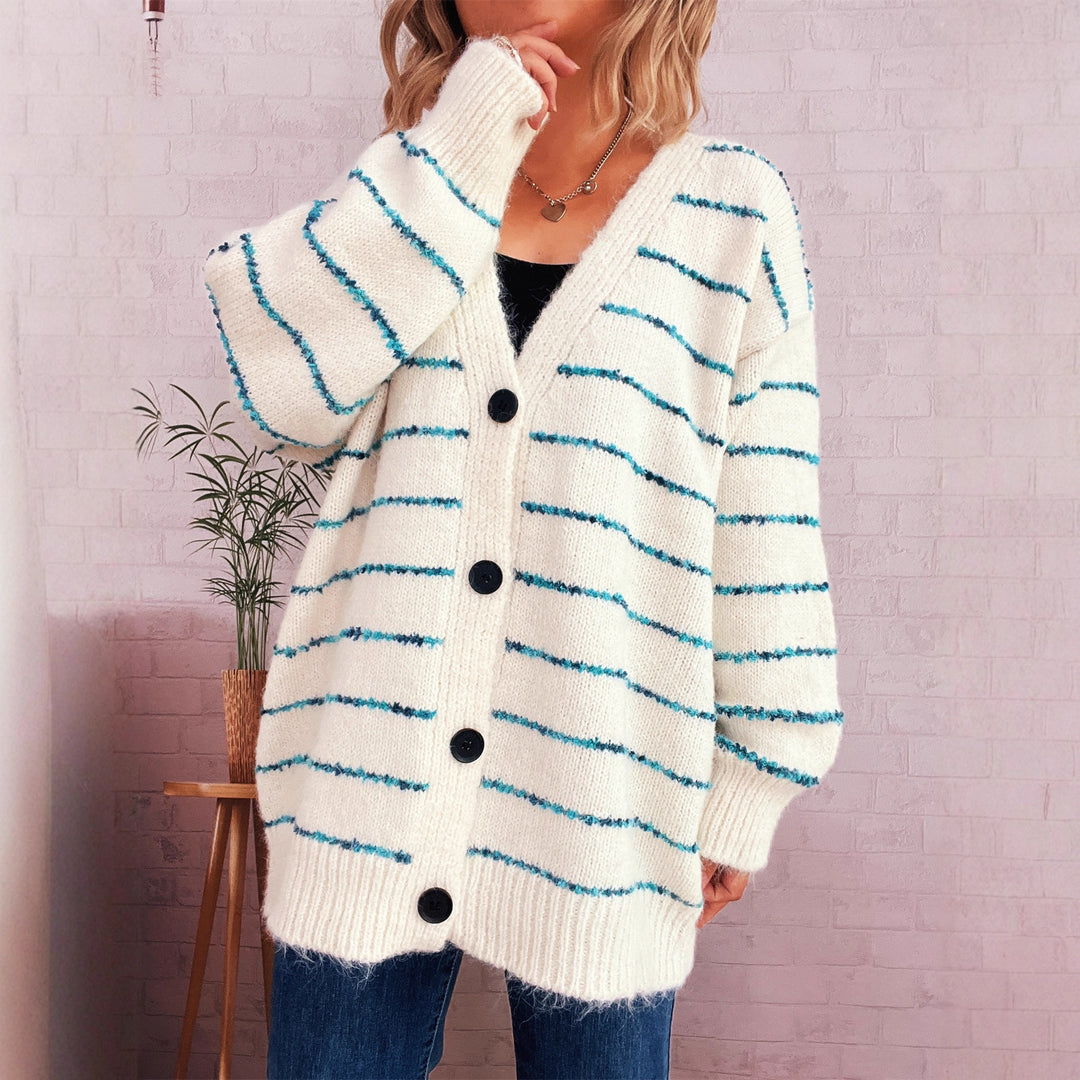 Damen gemütlicher Strickcardigan mit Streifenmuster und großen Knöpfen Drune