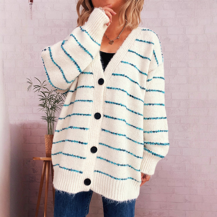 Damen gemütlicher Strickcardigan mit Streifenmuster und großen Knöpfen Drune