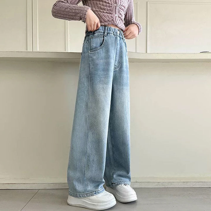 Damen weite Denim-Hose mit hoch tailliertem Schnitt Drune