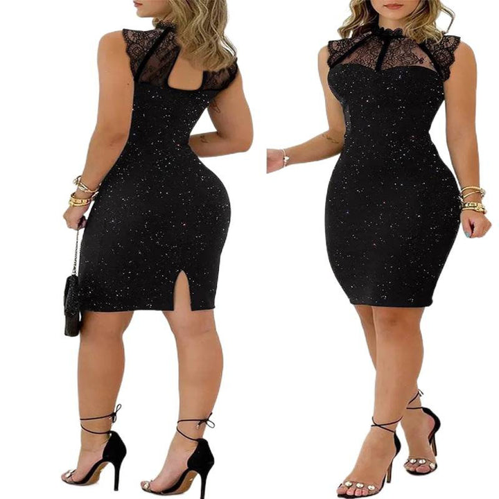 Damen Abendkleid mit exklusivem Spitzenkragen und schimmernden Akzenten Drune