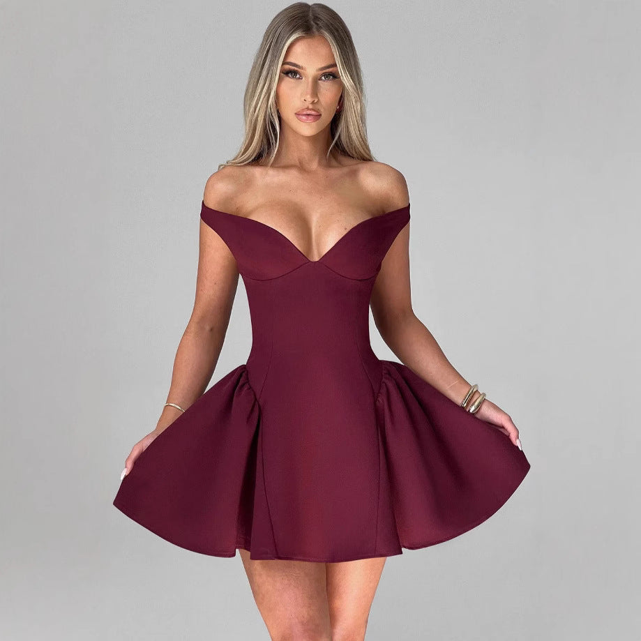 Damen Couture Cocktailkleid mit schulterfreiem Design und voluminösem Rock Drune