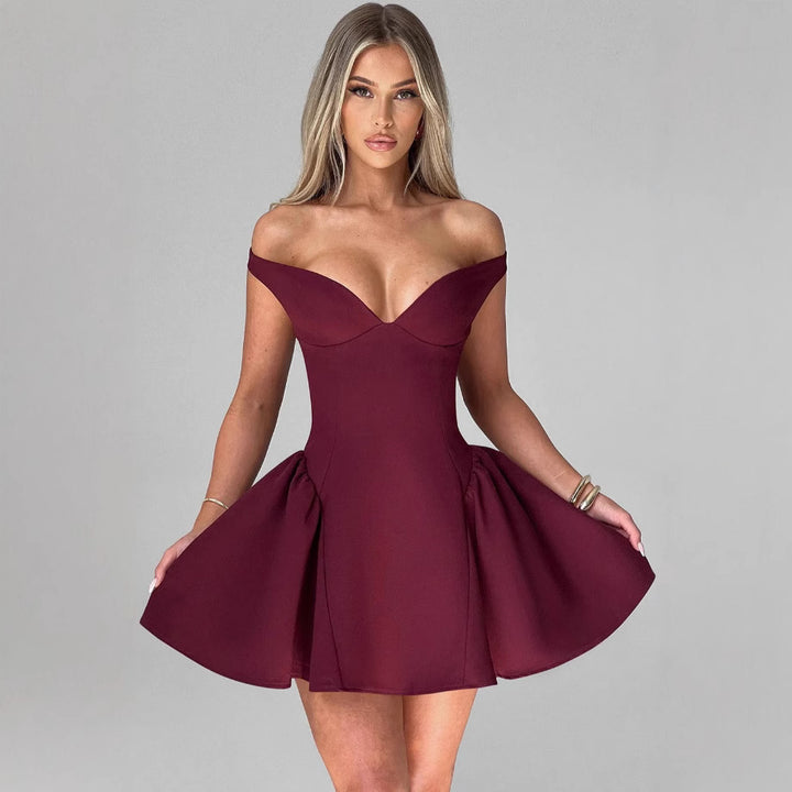 Damen Couture Cocktailkleid mit schulterfreiem Design und voluminösem Rock Drune