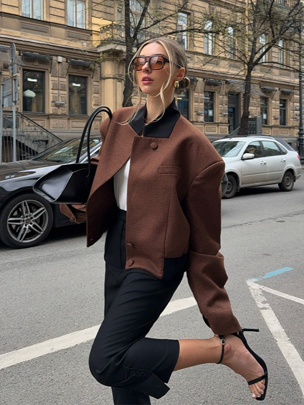Damen Modische Kurzjacke mit strukturiertem Schnitt und hohen Kragen Drune