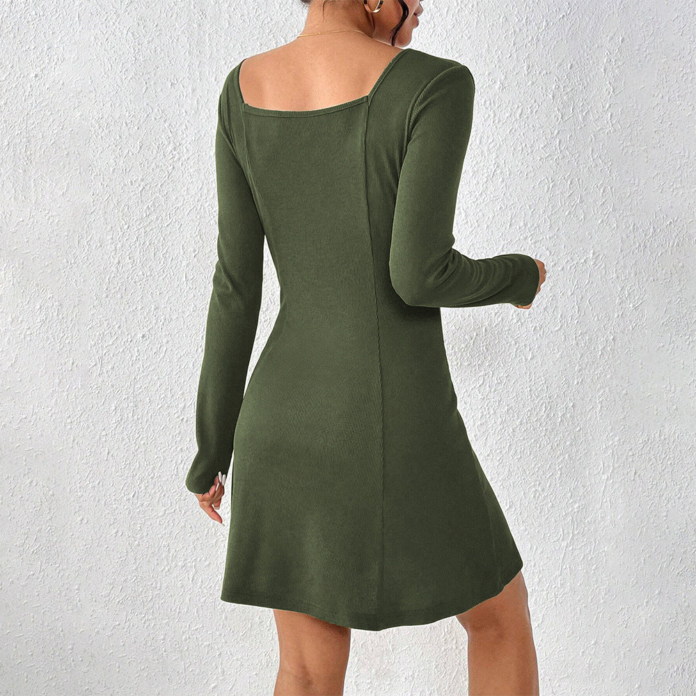Damen Knopfleiste Kleid mit langem Arm und Quadrat-Ausschnitt Drune