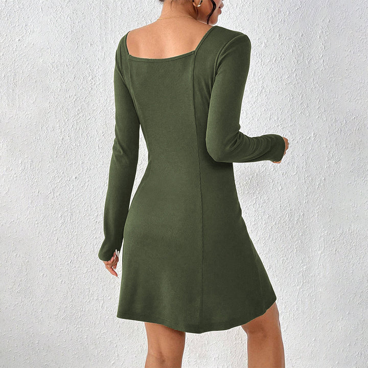 Damen Knopfleiste Kleid mit langem Arm und Quadrat-Ausschnitt Drune