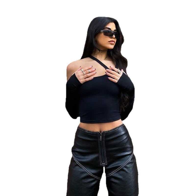 Damen Asymmetrisches Crop-Top mit langen Ärmeln Drune