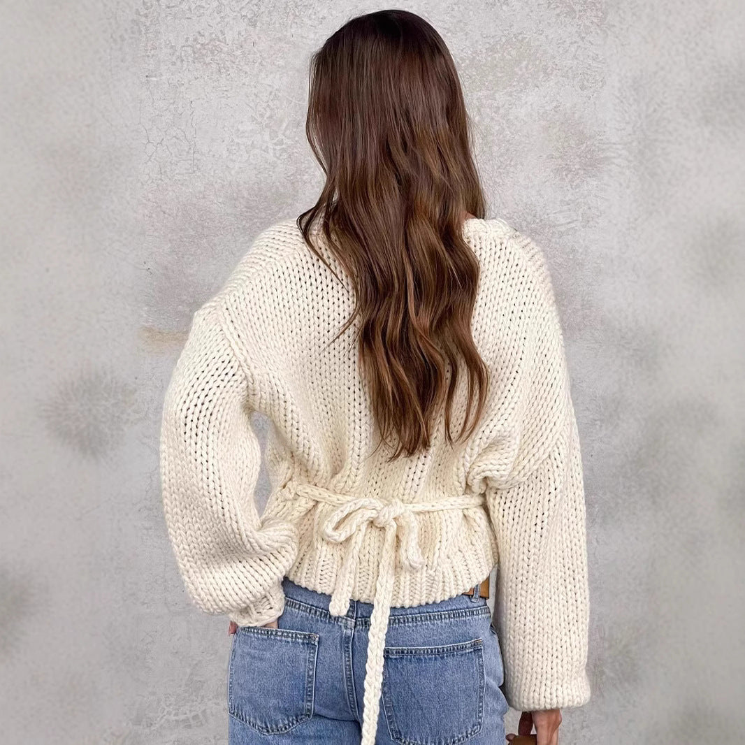 Damen modischer Wickelpullover mit tiefem V-Ausschnitt und voluminösen Ärmeln Drune